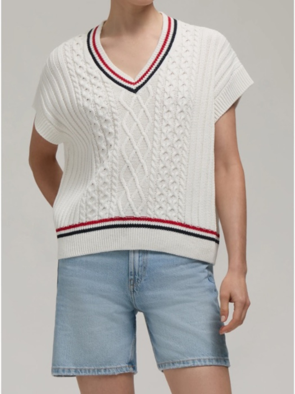 Hunter Stripe Cable Knit Stitch White Sweater Vest with Red Blue Stripe Details - Picture 4 of 17